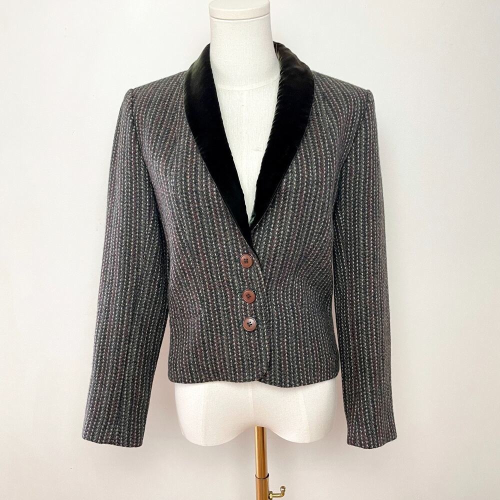 Vintage 80s Wool Tweed Blazer Jacket Sz S Velvet Trim Academia Heritage Tailored